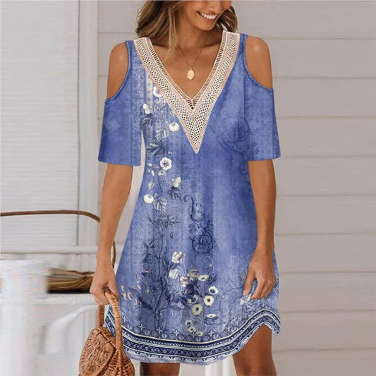 Sexy Off Shoulder Lace Splicing Party Floral A-line Dress