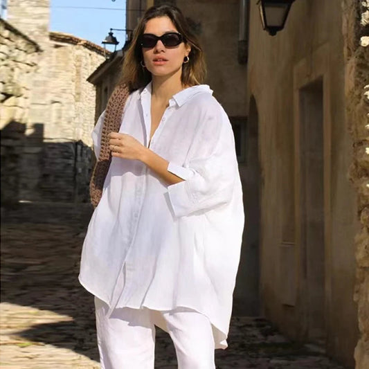 Casual Loose White Button-up Half Sleeve Bloshope