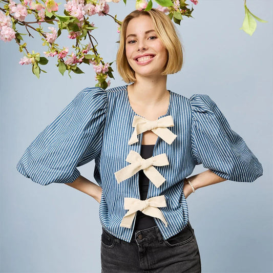 Lace Up Striped O-neck Loose Short Sleeve Bloshope