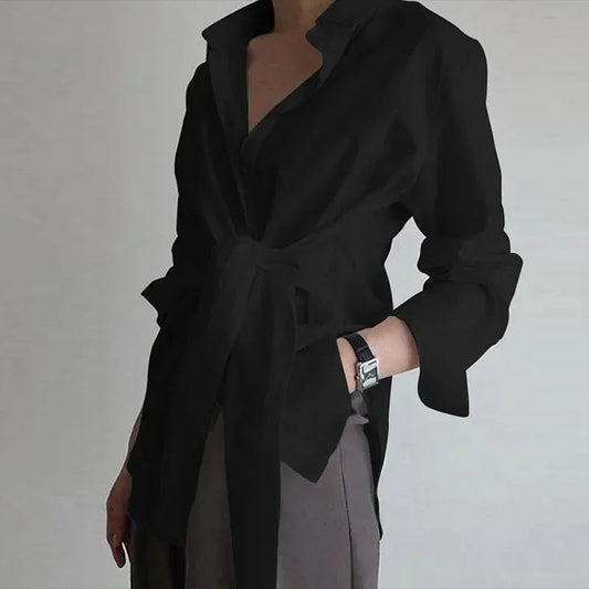 Long Sleeve Ruched Lace-up White Bloshope