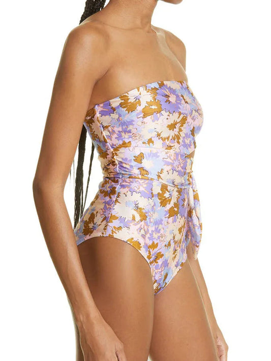 Purple Yellow Flower Print Wrap Bodice One Piece