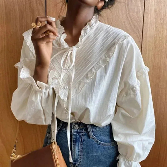 Ruffled Vintage Solid Long Sleeve Bow Bloshope