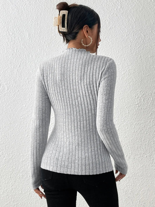 Slim Ruffle Neck Lace Mid-Collar Striped Sweater Knit Top Women