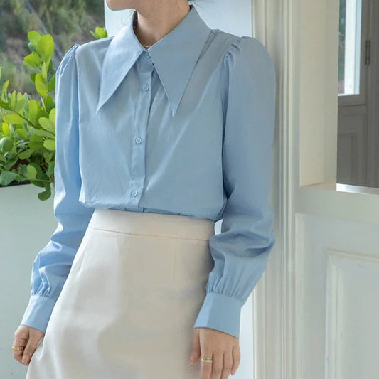 Chic Puff Sleeve Turn Down Collar White Bloshope