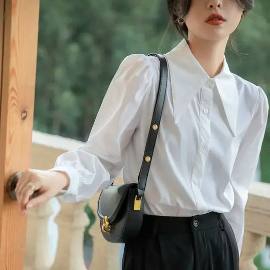 Chic Puff Sleeve Turn Down Collar White Bloshope