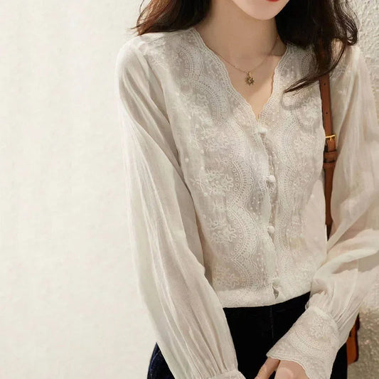 Embroidered Lace V-neck Linen Bloshope Autumn Bloshope