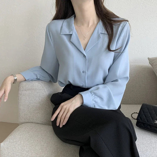 Thin Solid Color Long Sleeve Turn Down Collar Bloshope