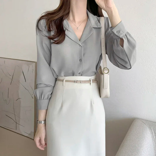 Thin Solid Color Long Sleeve Turn Down Collar Bloshope