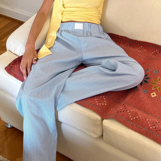 Plaid High Waist Straight Wide Leg Pajama Pant