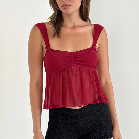 Ruffle Hem Sheer Mesh Crop Top