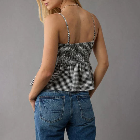 Smocked Gingham Peplum Crop Top