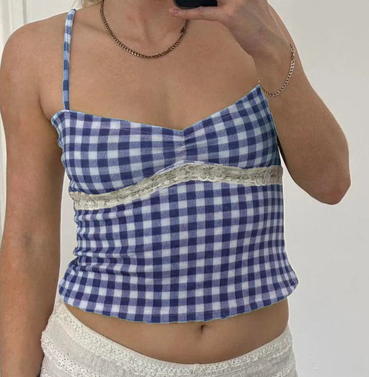 Gingham Checkered Lace Crop Top