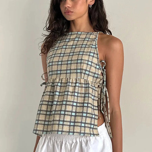 Tie-Up Peplum Plaid Crop Top