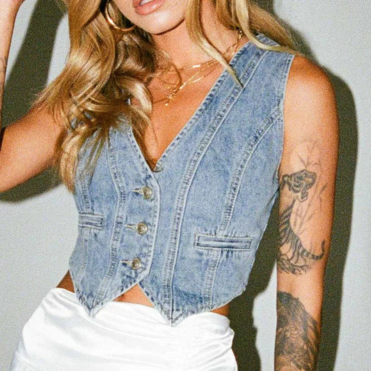 Denim Button Chic Crop Top