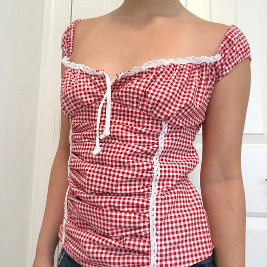 Red Gingham Ruffled Crop Top