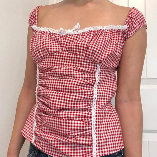 Red Gingham Ruffled Crop Top