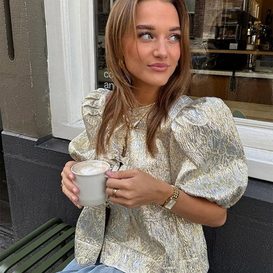 Shimmer Lace-Up Bow Puffy Sleeve Short Bloshope