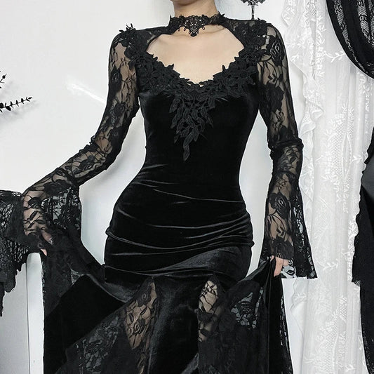 Flower Lace Mesh Transparent Long Dress