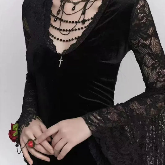 V-neck Irregular Flare Lace Midi Dress