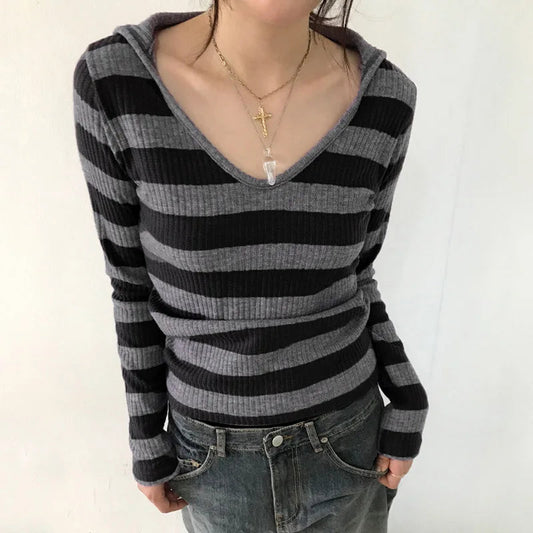 Harajuku Stripe Hooded Slim Contrast Color Long Sleeve Knit Top