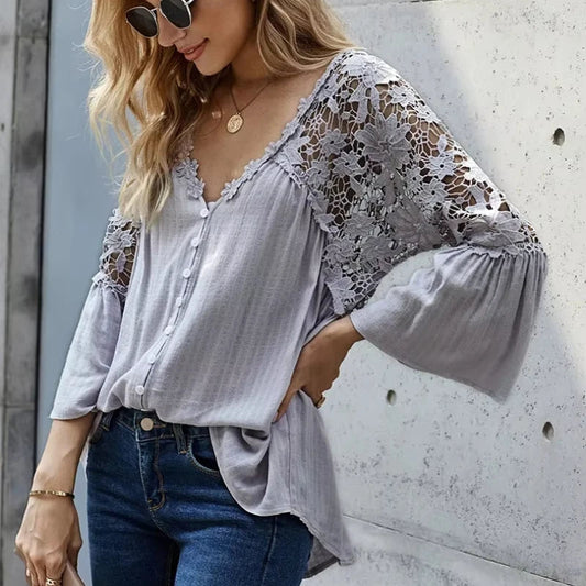 Hollow Out Deep V-Neck Flare Sleeve Boho Bloshope