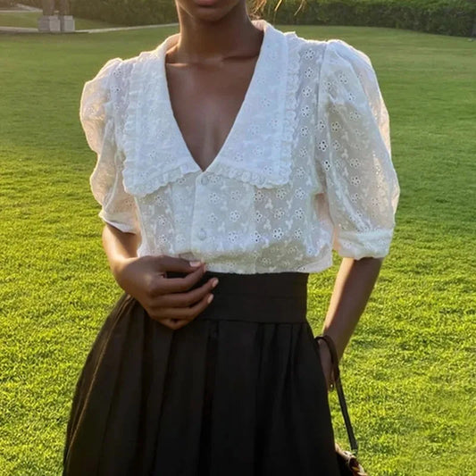 Hollow Lace Puff Sleeve Peter Pan Collar Bloshope