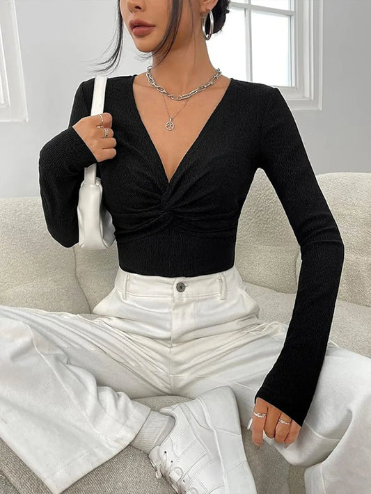 Sexy V-Neck Knitted Base Shirt Figure Slim Fit Top Women