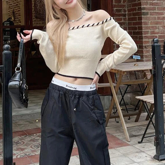 Slim Fit Korean Off-Shoulder Knitted Boat Neck Knit Top