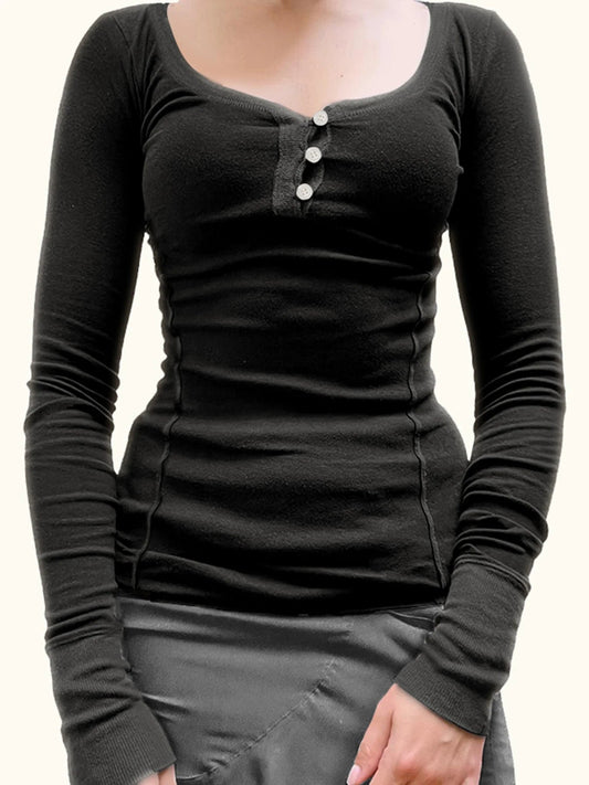 Solid Patchwork Slim O-Neck Long Sleeve Knit Top