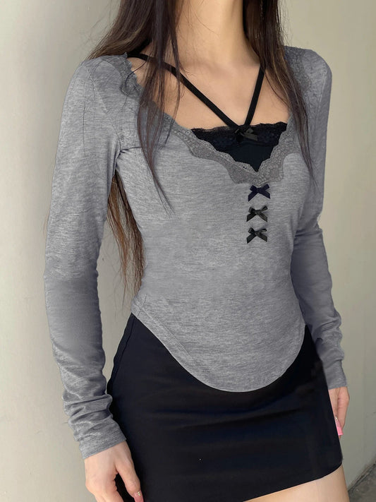 Casual Lace Trim Patchwork Fake 2 Piece Slim V-Neck Knit Top