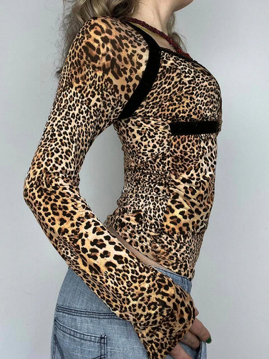 Leopard Patchwork Slim Square Collar Long Sleeve Knit Top