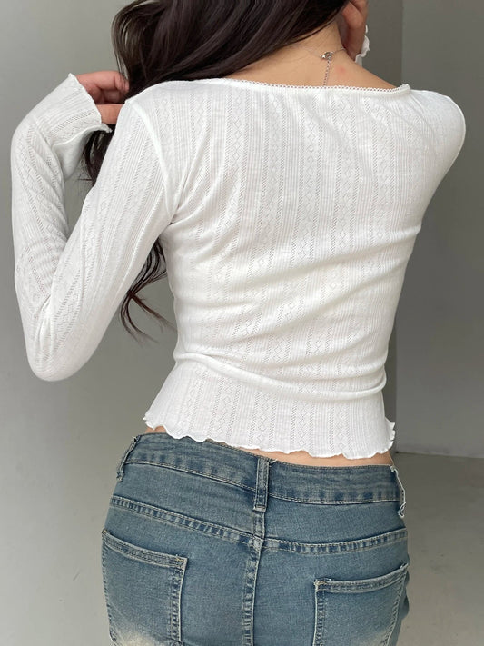 Solid Cropped Slim Square Collar Long Sleeve Knit Top