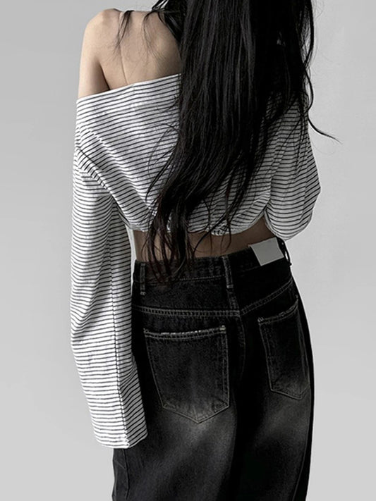 Striped Off-Shoulder Loose Slash Neck Long Sleeve Knit Top