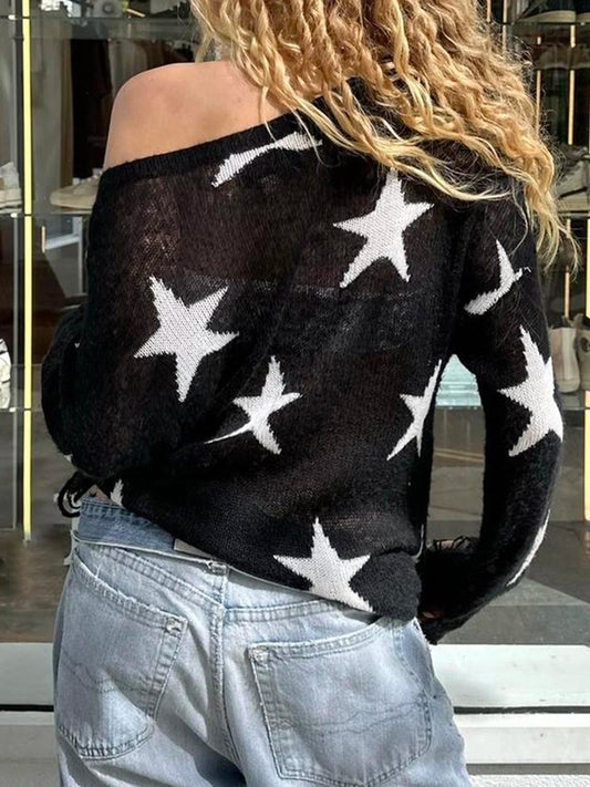 Hollow Out Knitted Gothic Crew Neck Long Sleeve Pullover Sweater