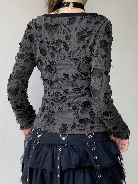 Dark Hollow Out Fake 2 Piece Gothic V-Neck Knit Top