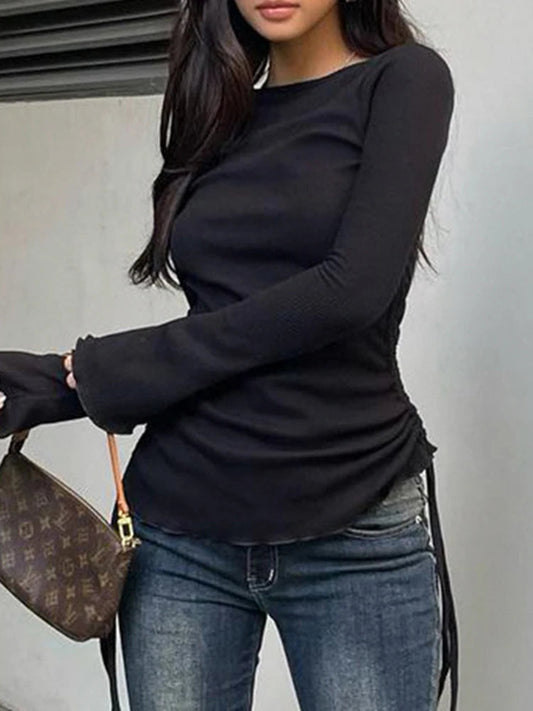 Drawstring Folds Solid Slim O-Neck Long Sleeve Knit Top