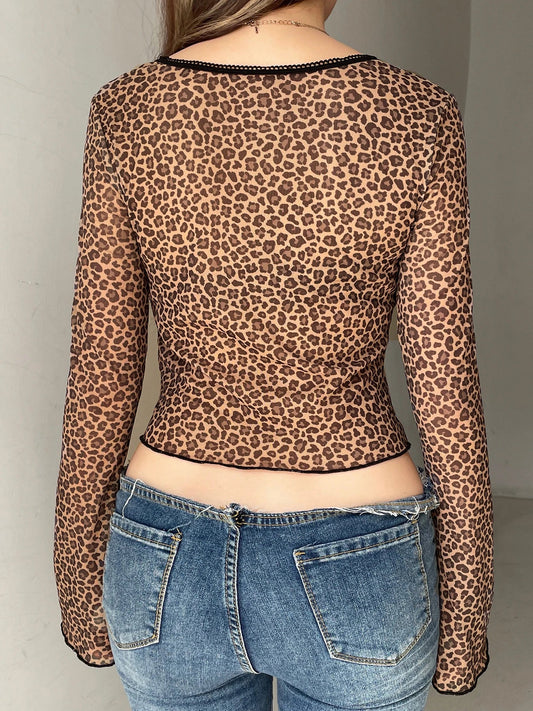 Leopard Split Mesh Slim Square Collar Long Sleeve Knit Top