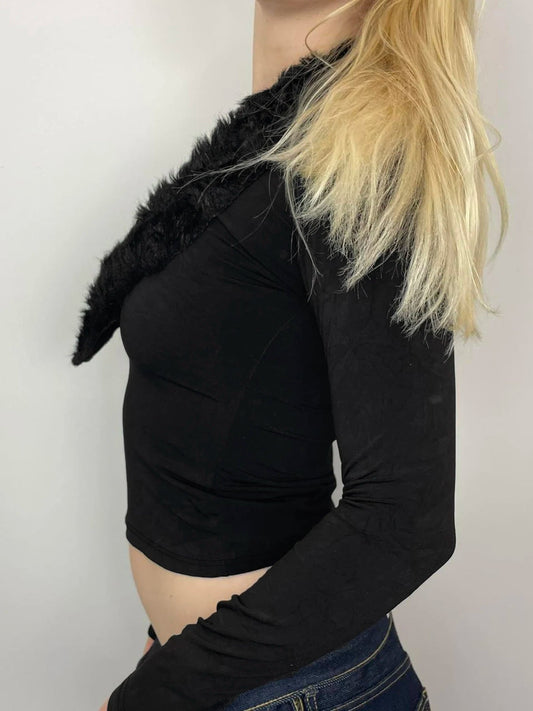 Fur Trim Slim Deep V-Neck Knitted Long Sleeve Knit Top