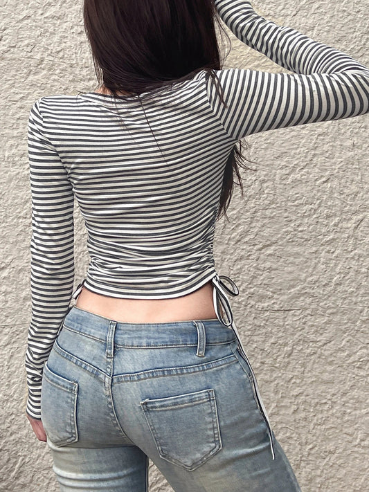 Drawstring Bandage Slim Cropped O-Neck Long Sleeve Knit Top