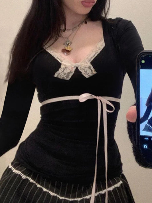 Sweet Bandage Slim Deep V-Neck Lace Trim Knit Top