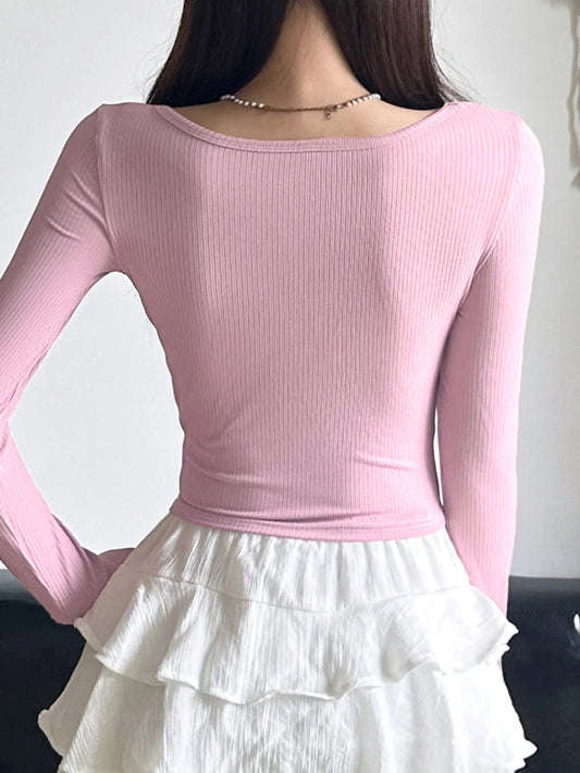 Sweet Patchwork Bandage Slim Square Collar Knit Top