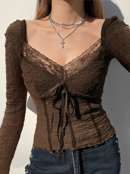 Sweet Patchwork Lace Trim Slim Square Collar Long Sleeve Knit Top
