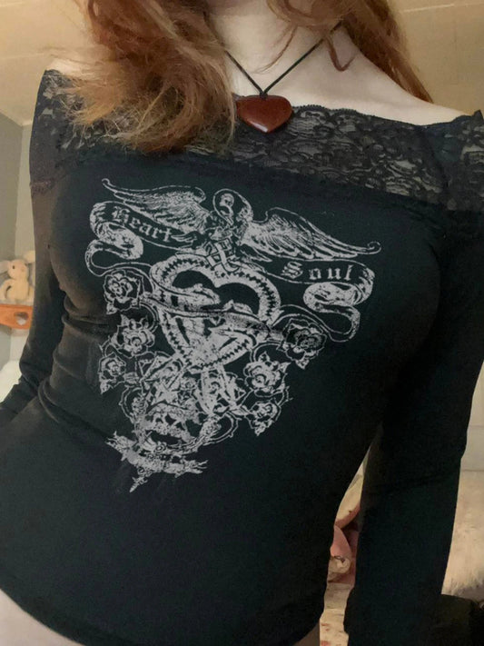 Printed Lace Trim Vintage Dark Slim Slash Neck Long Sleeve Knit Top