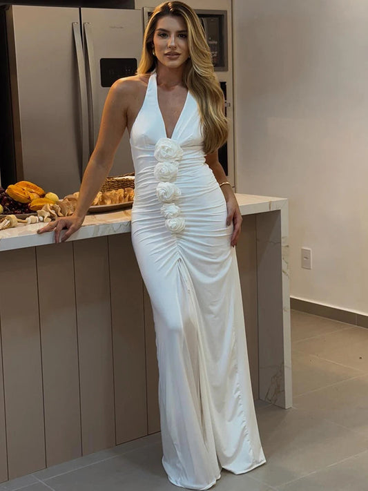 Backless 3D Flowers White Vacation Dress