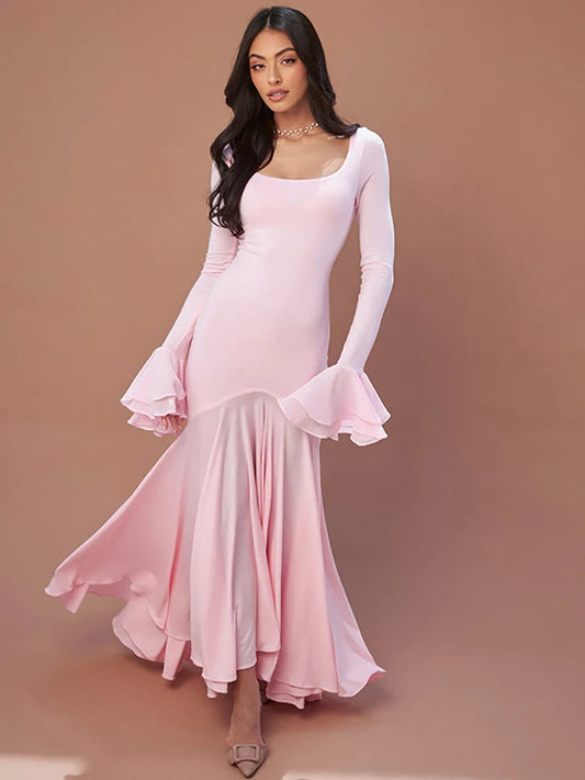 Pink Square Collar Maxi Vacation Dress