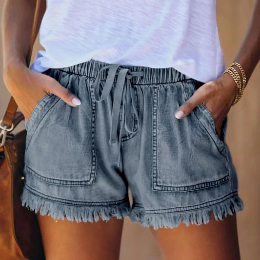Drawstring Tassel Hem Denim Short