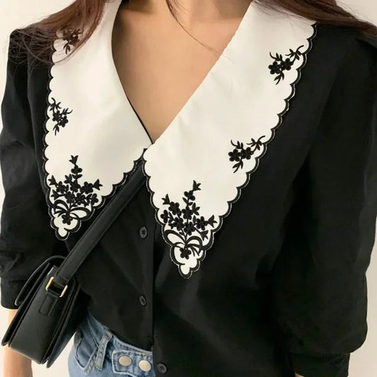 Puff Long Sleeve Floral Embroidery Bloshope