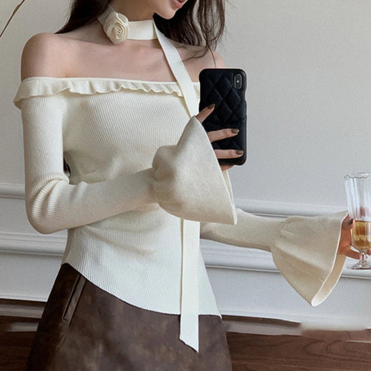 Off Shoulder Knit Crop Long Flare Sleeve Ruffle Trim Knit Top