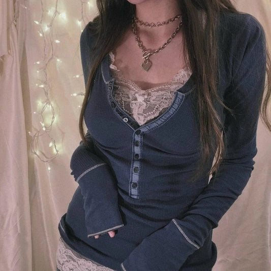 Korean Retro Ribbed Knit T-shirt Button Up Long Sleeve Sweater Women