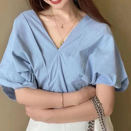 Korean Ruffle Design V-neck Short Sleeve Casual Bloshope